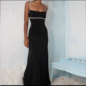 Nicole Bakti rhinestone trim black sheer panel gown prom XS